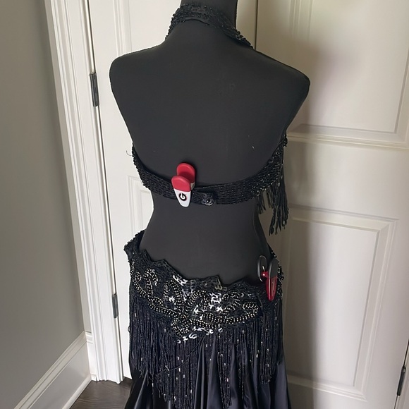 Black Silver Beaded Sequin Belly Oriental Dance Costume Black Green Satin Skirts - Picture 7 of 16